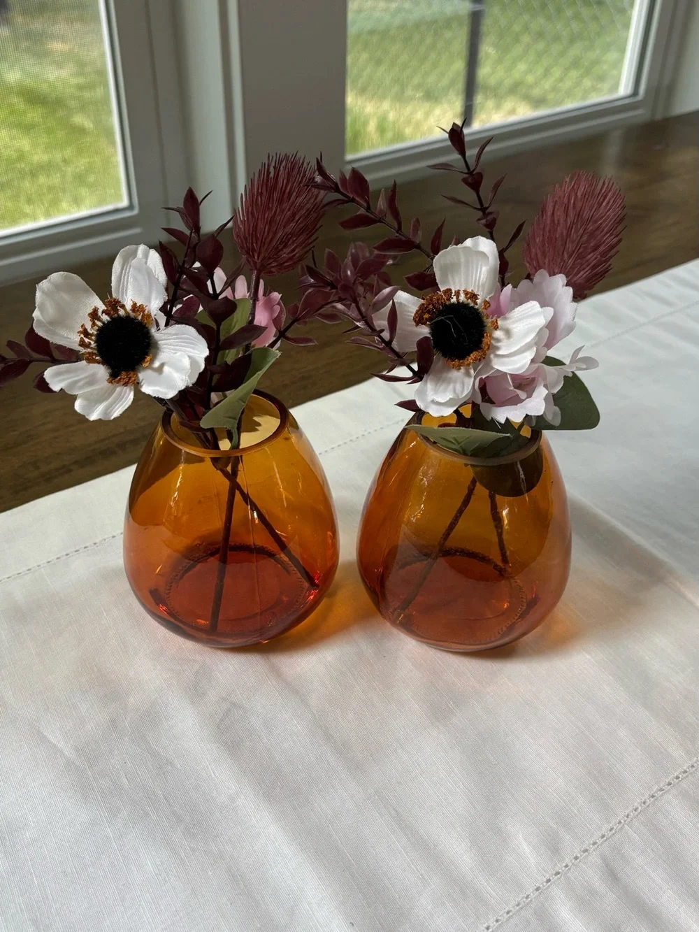 Amber Glass Vases & Flowers - Set of 2